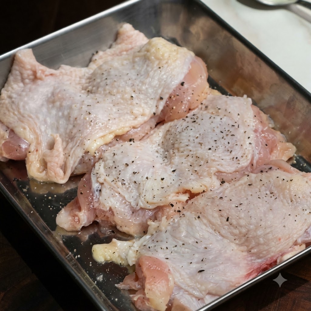 Piezas de muslo de pollo deshuesado sazonadas con pimienta negra en una bandeja de acero inoxidable.