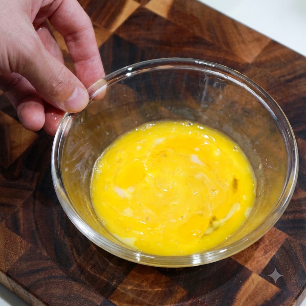 Huevos siendo batidos ligeramente con un tenedor dentro de un bol de vidrio transparente.