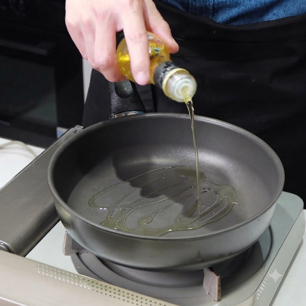 Aceite de cocina siendo vertido en una sartén antiadherente caliente sobre una placa de inducción.