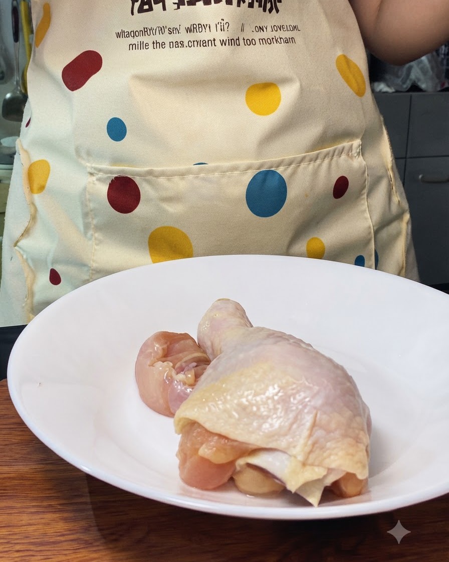 Una pierna de pollo siendo cortada en trozos grandes sobre un plato blanco.