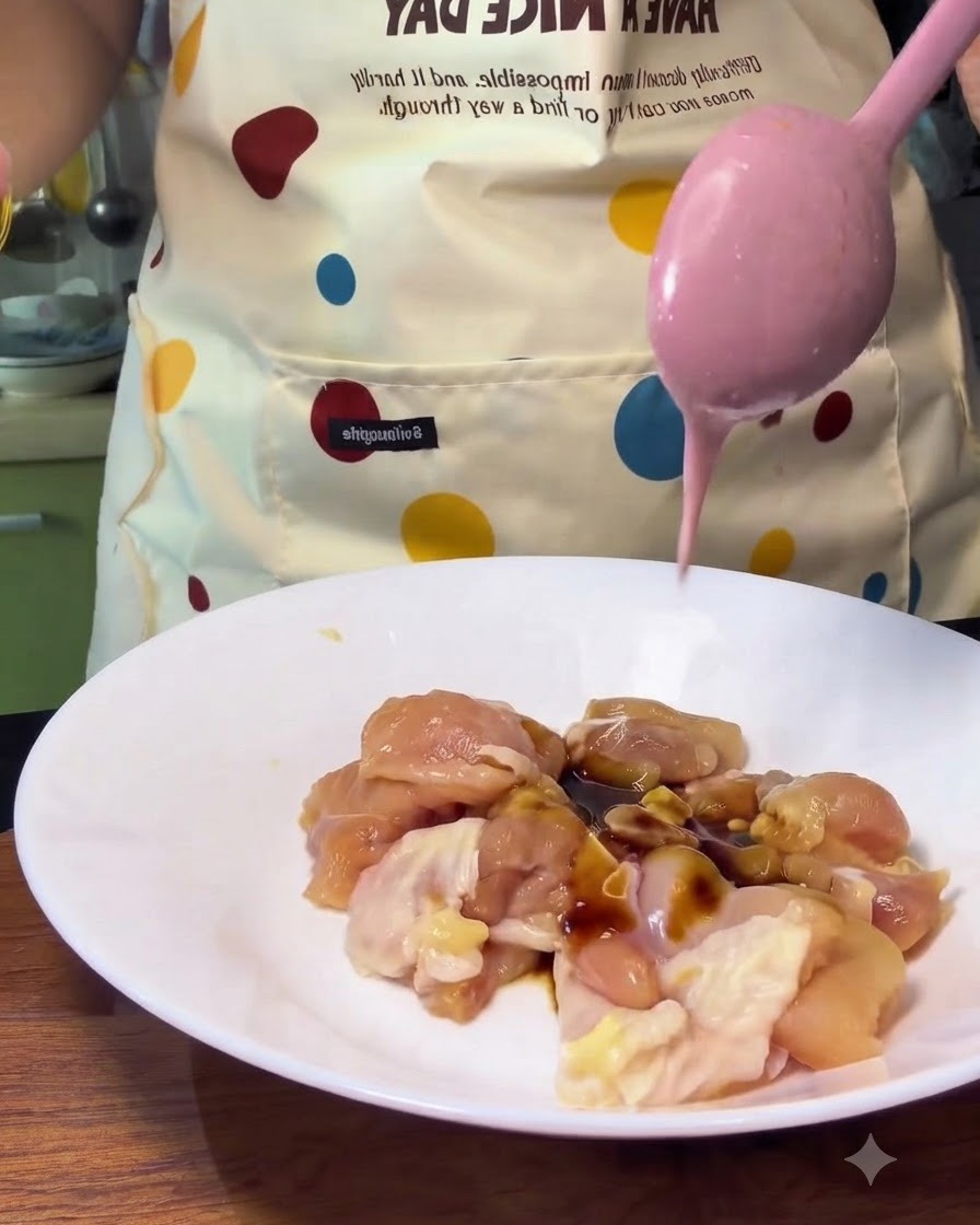 Trozos de pollo en un bol recibiendo salsa de una cuchara rosa.