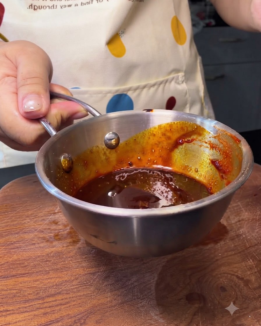 Un pequeño cuenco de metal lleno de una mezcla rica y de color rojo oscuro de salsa de ají coreano.