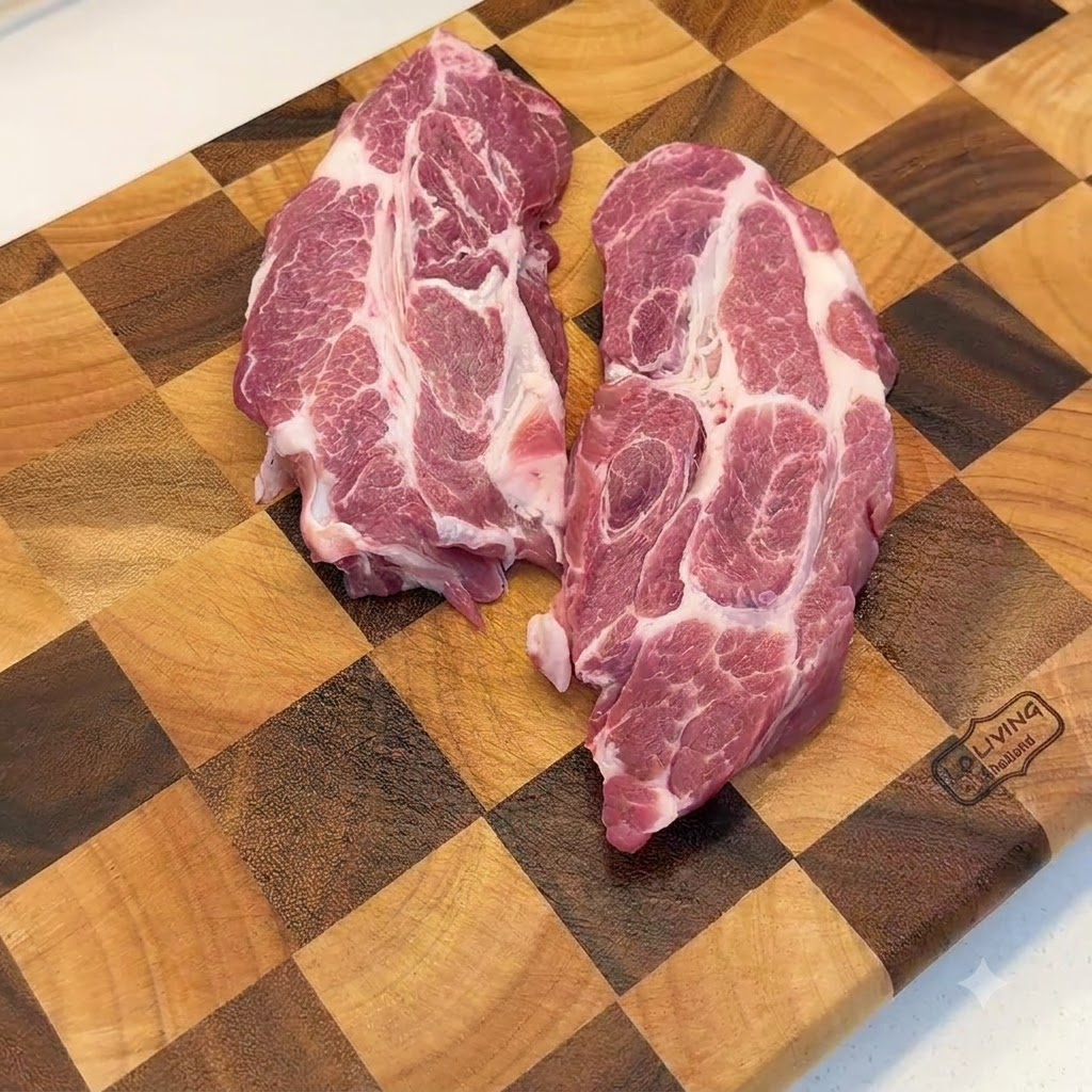 Cortes de paletilla de cerdo cruda siendo golpeados con un mazo de metal para carne sobre una tabla de cortar de madera.