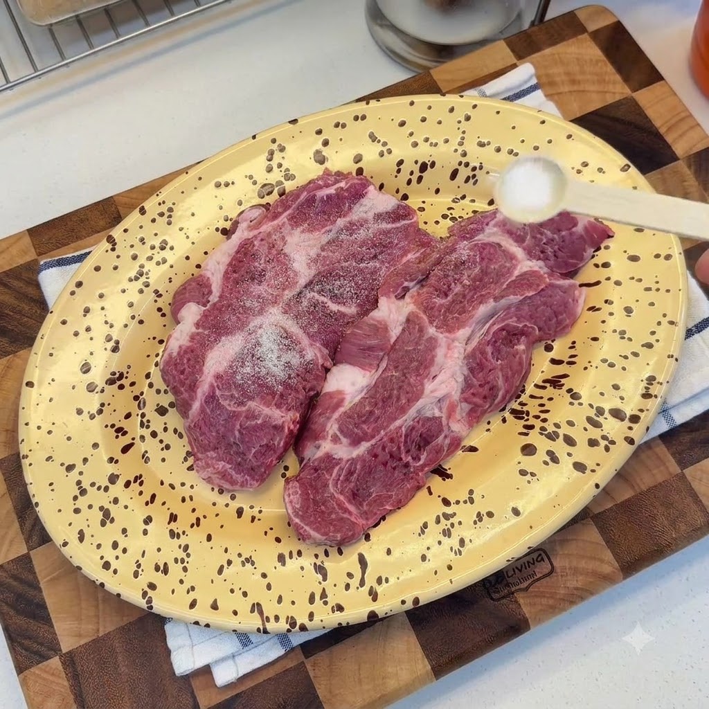 Chuletas de cerdo crudas en un plato con motas amarillas siendo sazonadas con sal y pimienta.