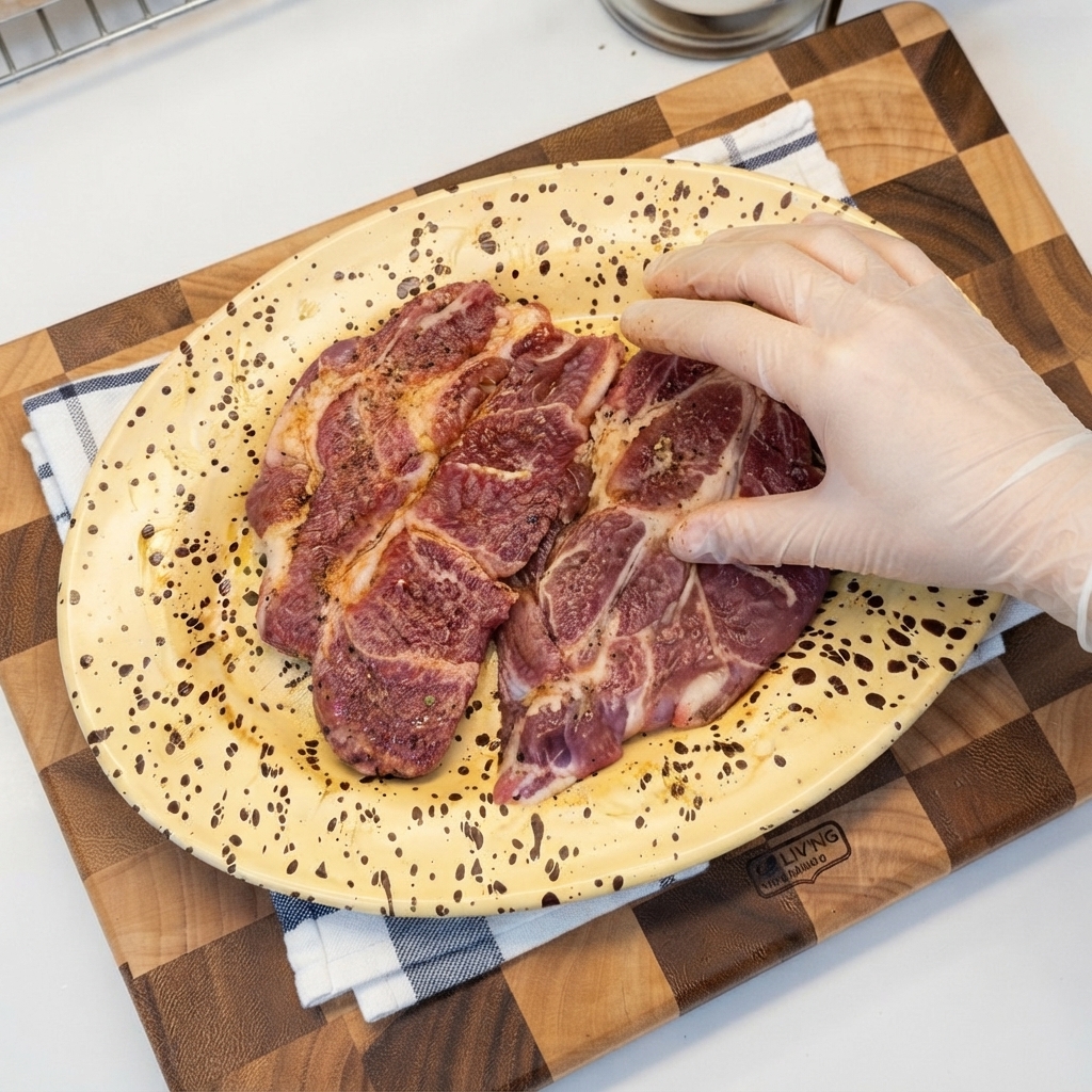 Mano con guante masajeando condimentos y rodajas de jengibre en chuletas de cerdo crudas sobre un plato.