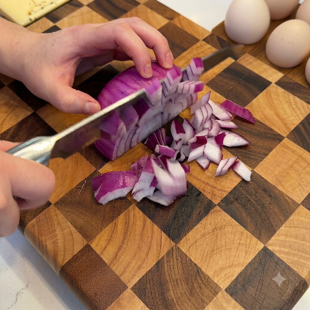 Una cebolla morada siendo cortada en cubitos pequeños con un cuchillo de chef sobre una tabla de cortar de madera.