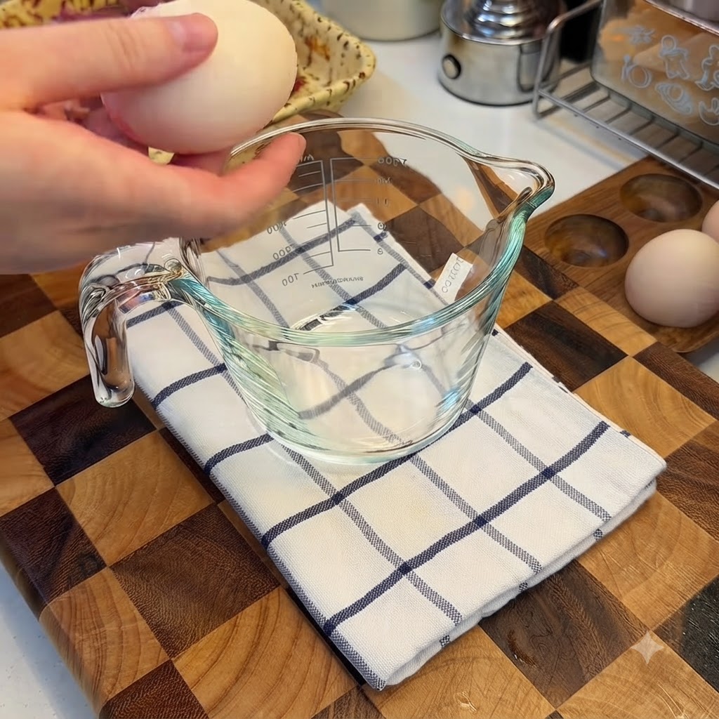 Huevos crudos enteros siendo cascados en una taza medidora de vidrio transparente colocada sobre un paño a cuadros.