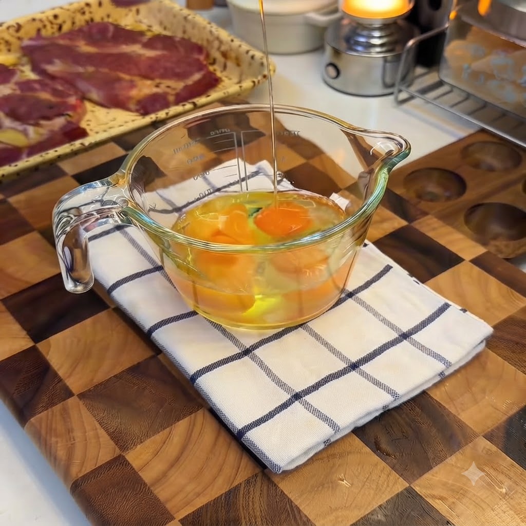 Leche siendo vertida desde arriba en una taza medidora de vidrio llena de huevos crudos.