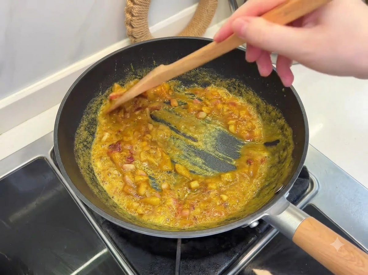Una espátula de madera revolviendo bloques de roux de curry derretidos con cebollas en una sartén.