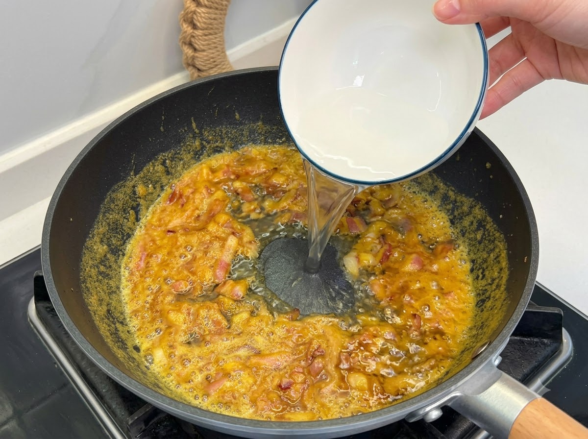 Agua clara siendo vertida de un pequeño bol blanco en la sartén de curry a fuego lento.