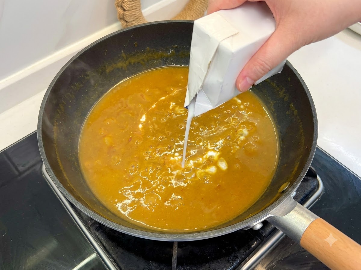 Leche de coco blanca siendo vertida desde un cartón en una salsa de curry marrón burbujeante.