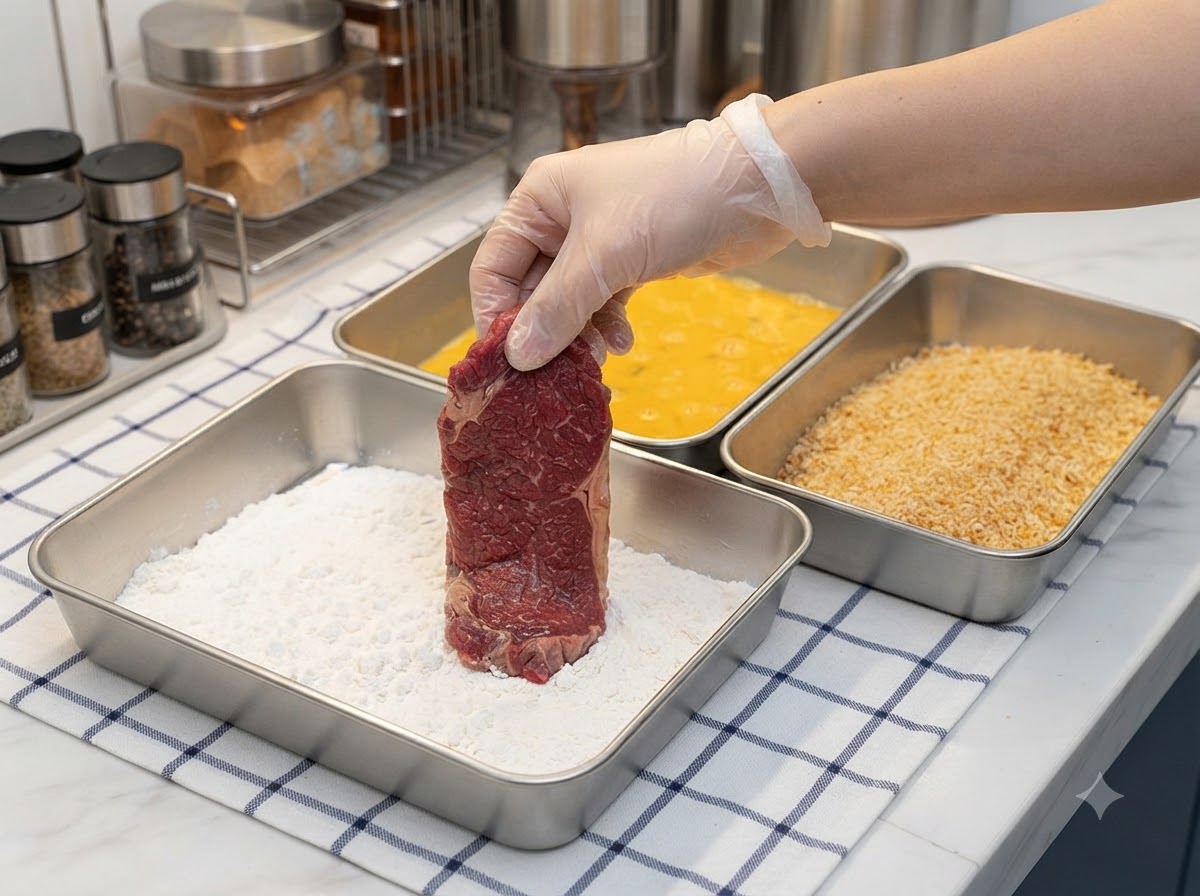 Una mano con guante sosteniendo una chuleta de cerdo cruda y rebozándola en una bandeja de fécula de maíz blanca.