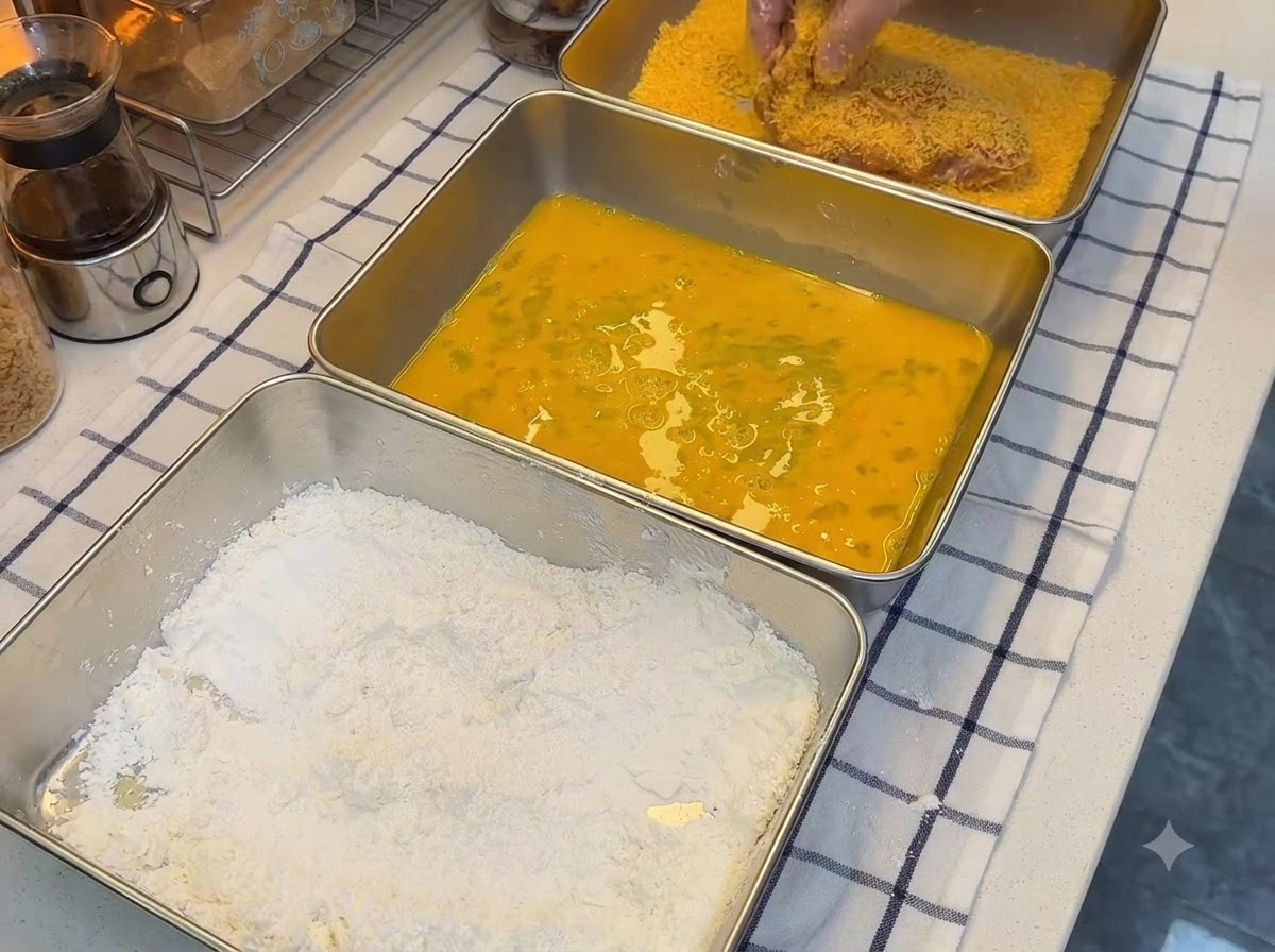 Pan rallado naranja siendo presionado firmemente sobre una chuleta de cerdo junto a bandejas de harina y baño de huevo.