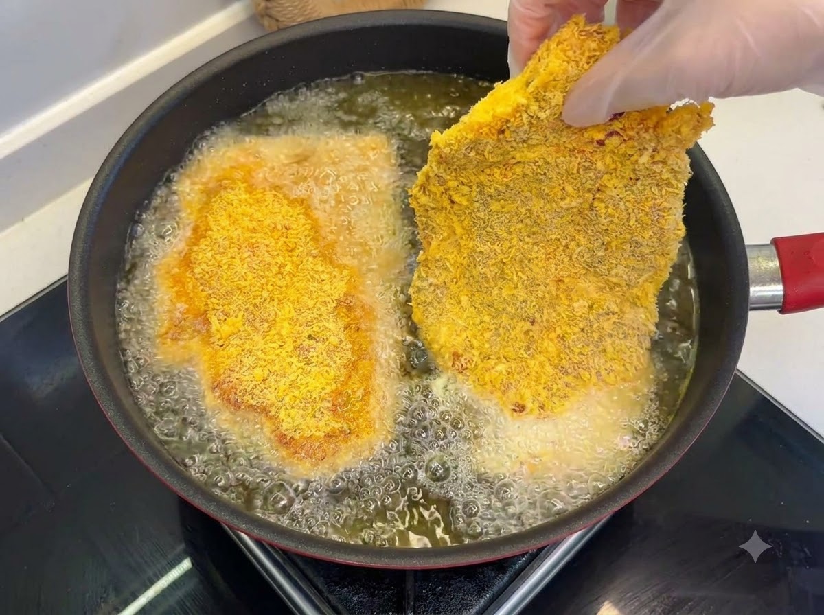 Chuletas de cerdo empanizadas friéndose en una sartén con aceite caliente burbujeante y una superficie dorada.