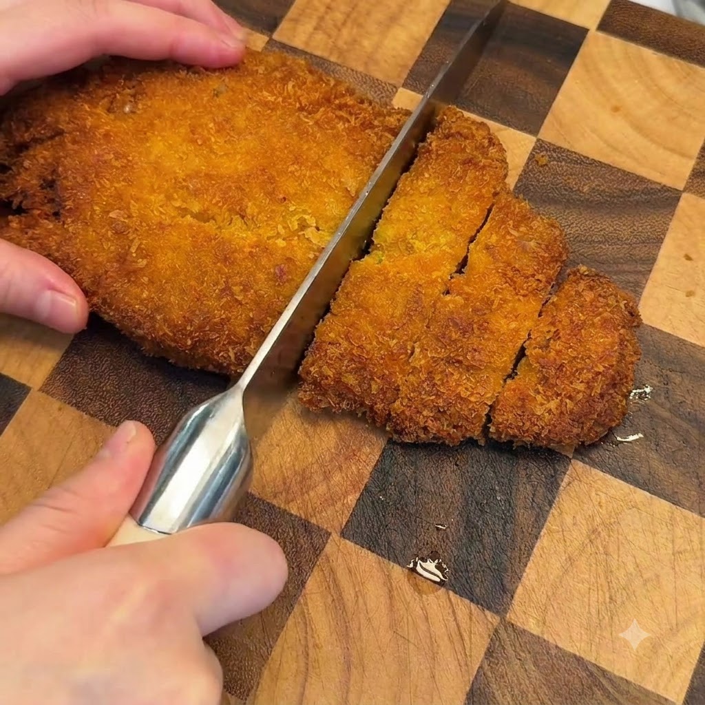 Un cuchillo cortando una chuleta de cerdo cocida dorada y crujiente en trozos gruesos sobre una tabla de cortar.