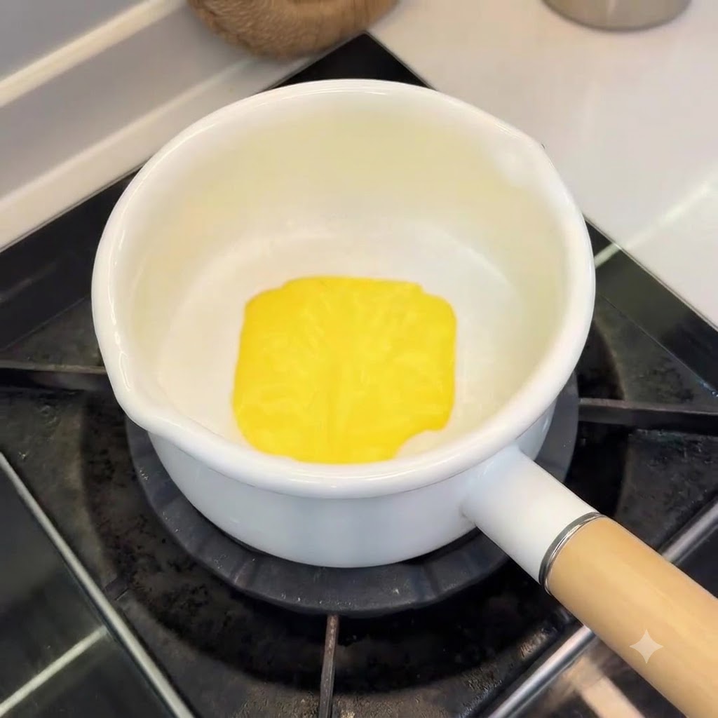 Una rebanada cuadrada de queso amarillo derritiéndose en leche de coco blanca en una cacerola pequeña.