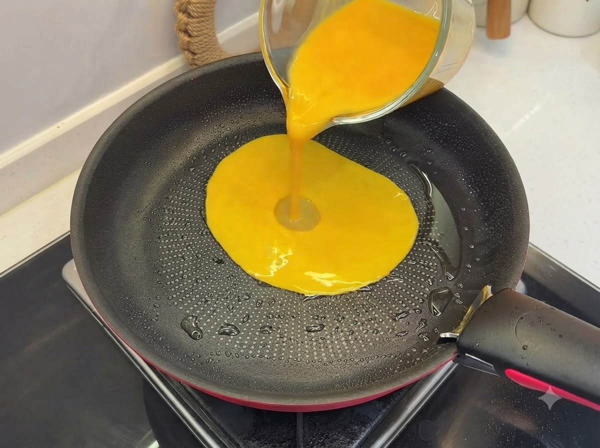Huevo batido siendo vertido y cocinado en una sartén ligeramente aceitada, formando una forma suave.