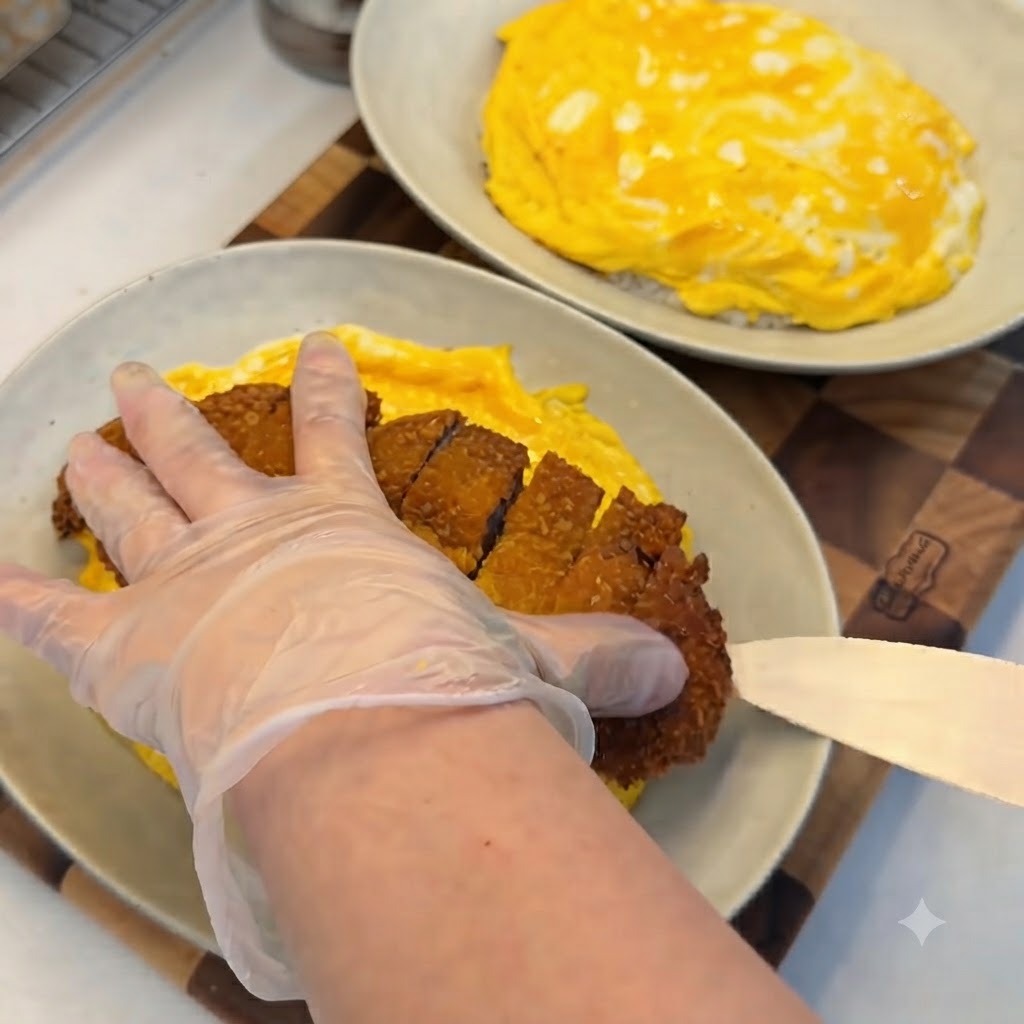 Una mano con guante colocando una chuleta de cerdo crujiente rebanada sobre una cama de arroz cubierta con una tortilla amarilla vibrante.