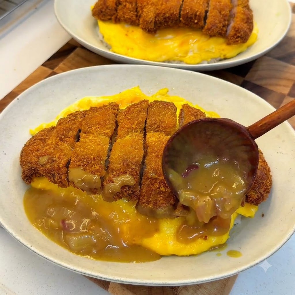 Un cucharón de madera sirviendo salsa de curry marrón espesa con cebollas alrededor de un plato de arroz envuelto en huevo topped con una chuleta de cerdo crujiente rebanada.