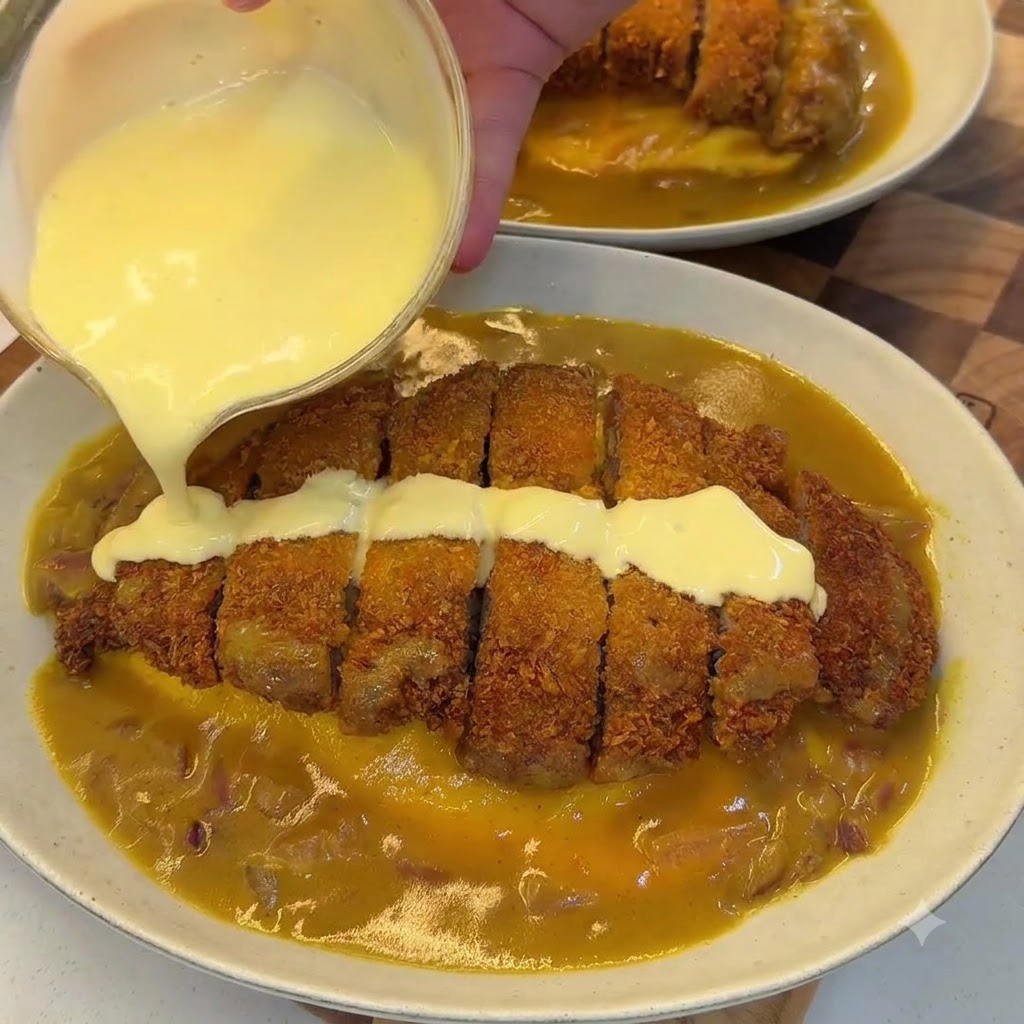 Un plato de arroz con chuleta de cerdo al curry de coco con salsa cremosa de queso de coco vertida por encima.