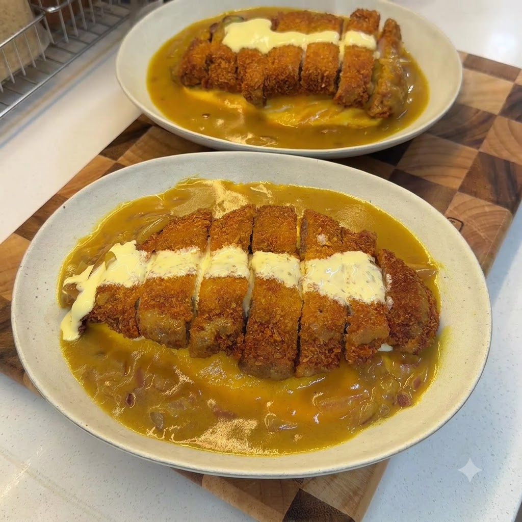 Dos platos de arroz con chuleta de cerdo al curry de coco completados y decorados con copos de perejil verde.
