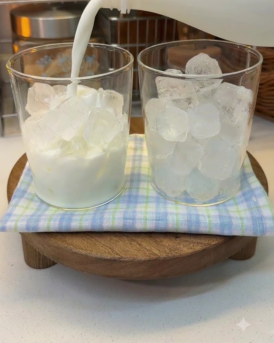 Leche fresca siendo vertida desde un cartón en un vaso lleno de cubitos de hielo, sentado al lado de otro vaso idéntico.