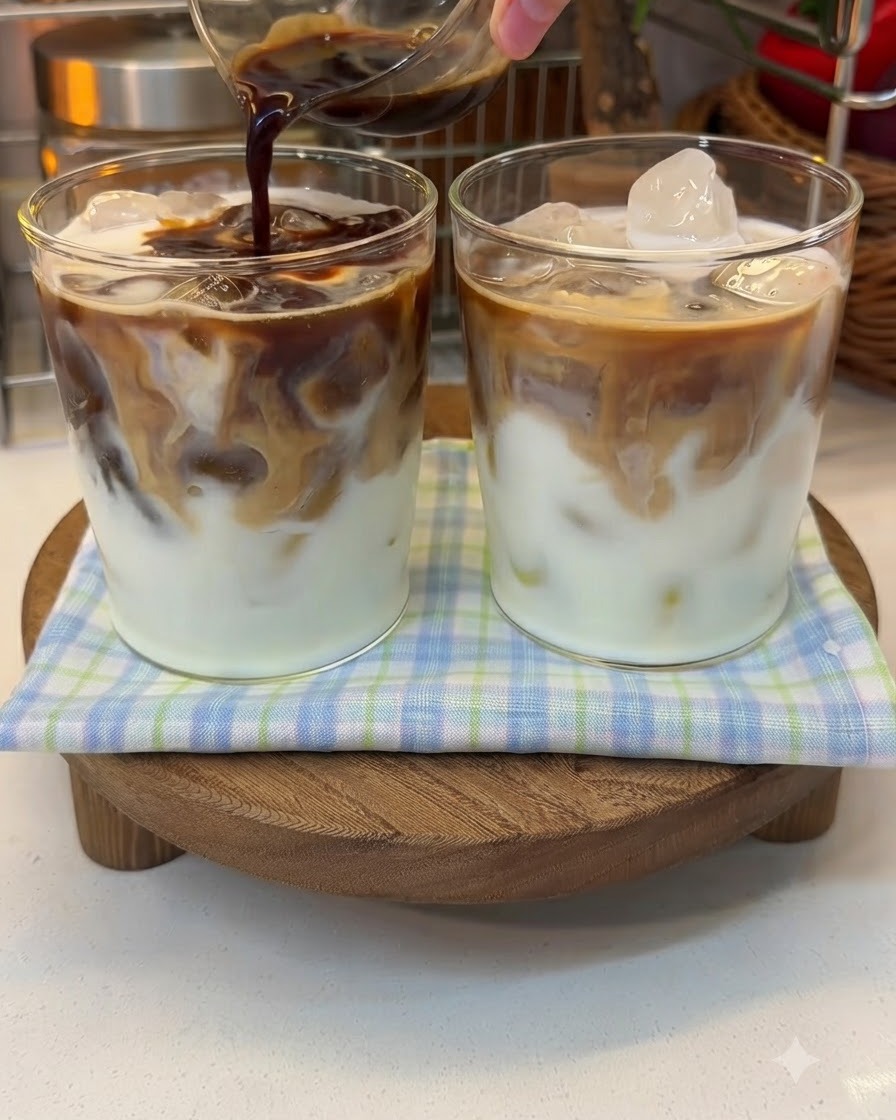 Un trago de espresso oscuro siendo vertido en un vaso de leche y yogur sobre hielo.