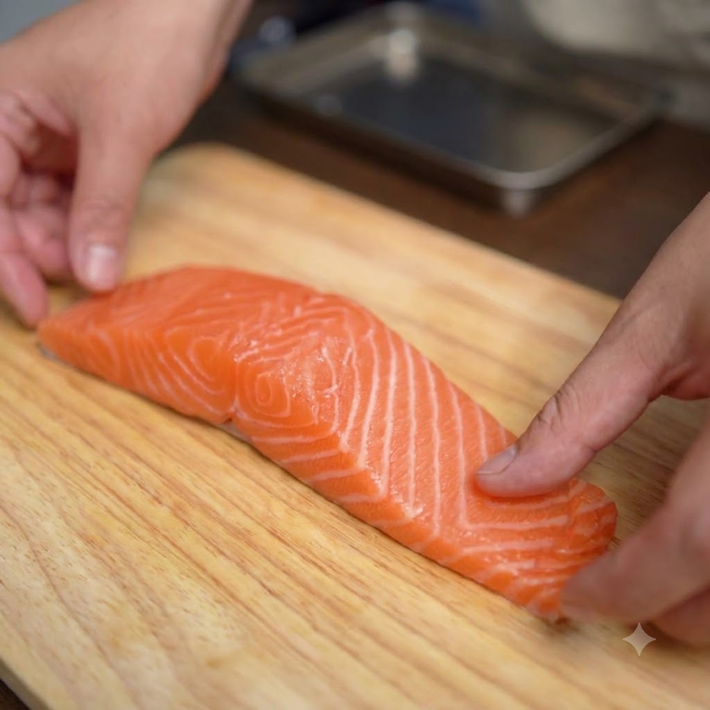 Un par de manos usando un cuchillo de chef para quitar la piel de un filete de salmón fresco sobre una tabla de madera.