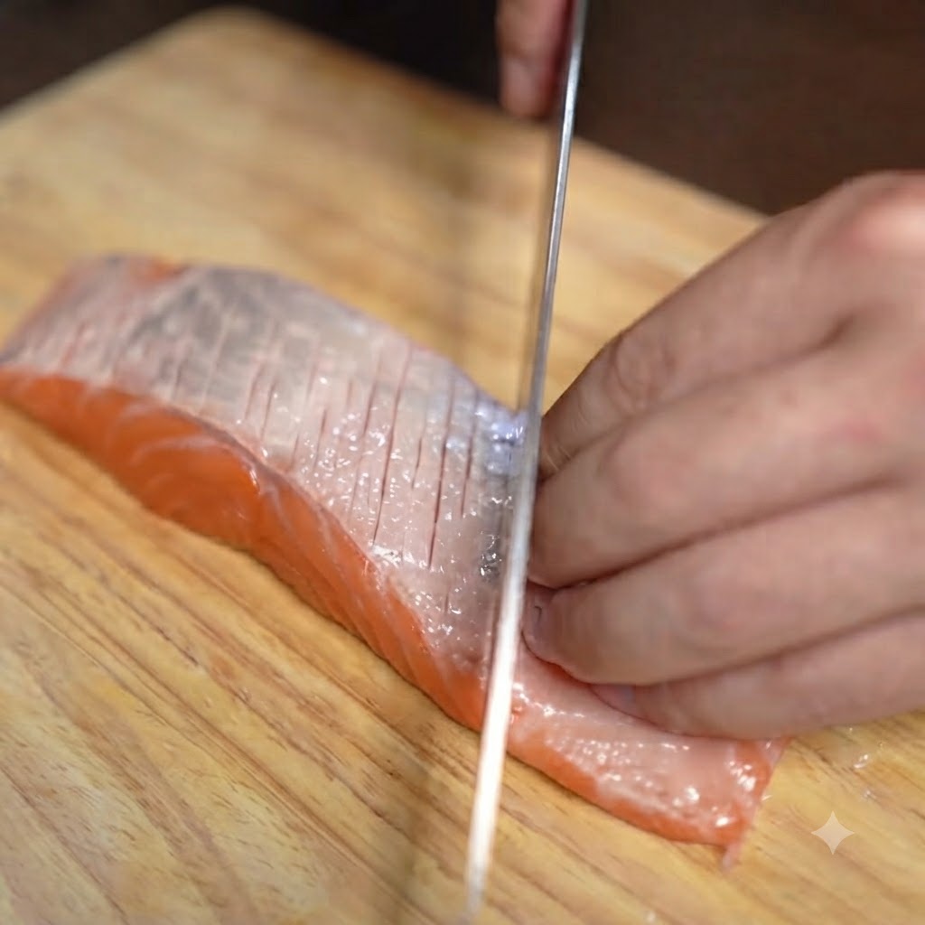 Un cuchillo de cocina haciendo cortes diagonales precisos en la superficie de un filete de salmón.