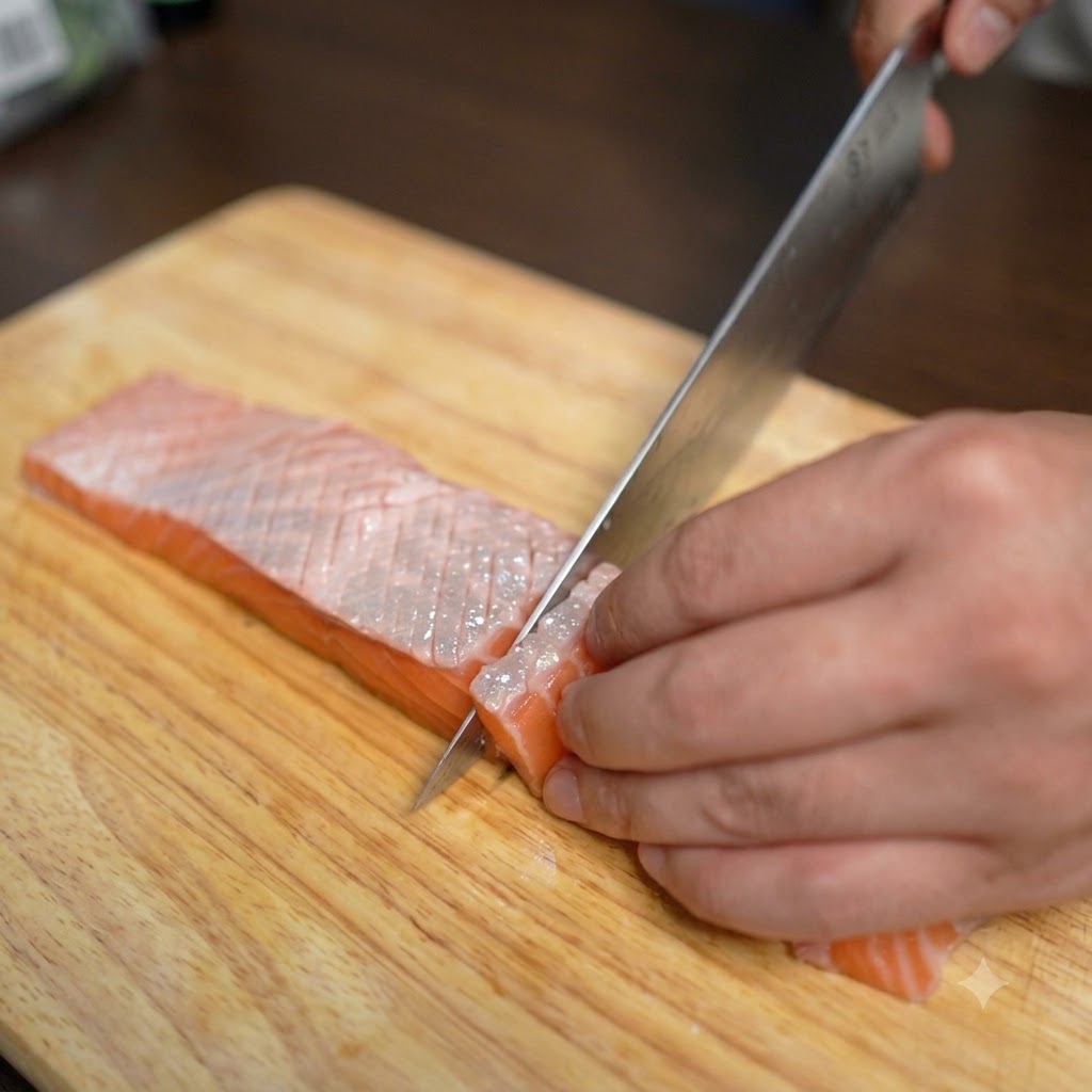 Palillos colocando rodajas gruesas de salmón crudo en un arreglo circular sobre arroz dentro de un bol oscuro.