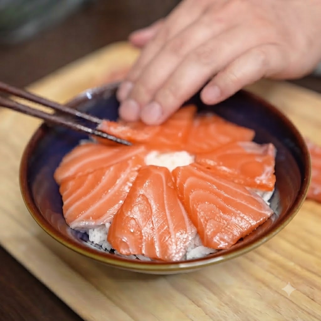 Una sola yema de huevo cruda descansando perfectamente en medio de un bol de arroz con salmón.