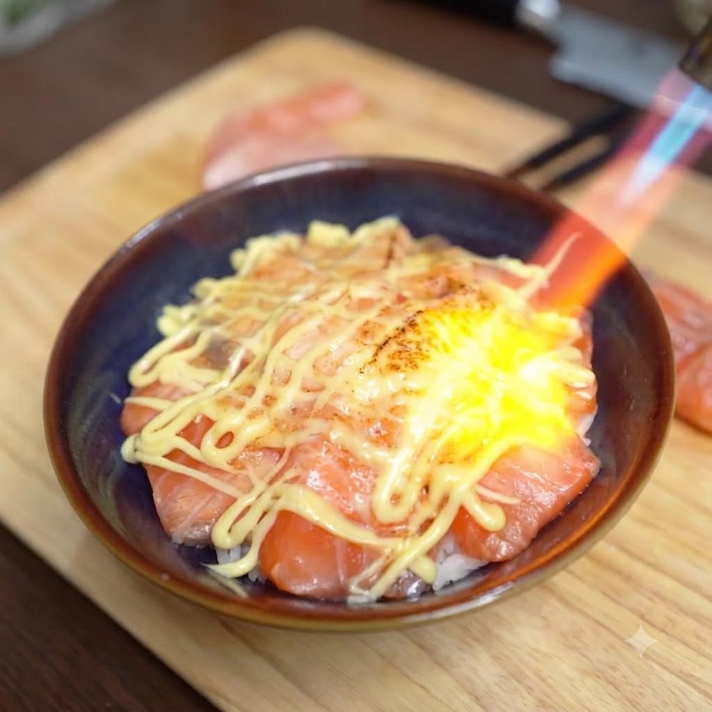 Una llama azul y naranja de un soplete de cocina caramelizando una cobertura de mayonesa cremosa en un bol de salmón.