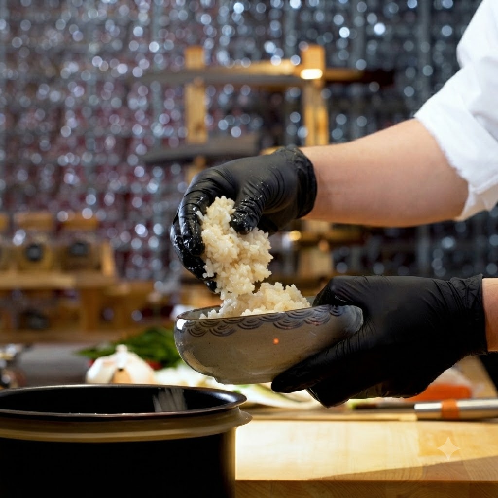 Una persona con guantes negros sirviendo arroz caliente para sushi en un cuenco de cerámica decorativo.