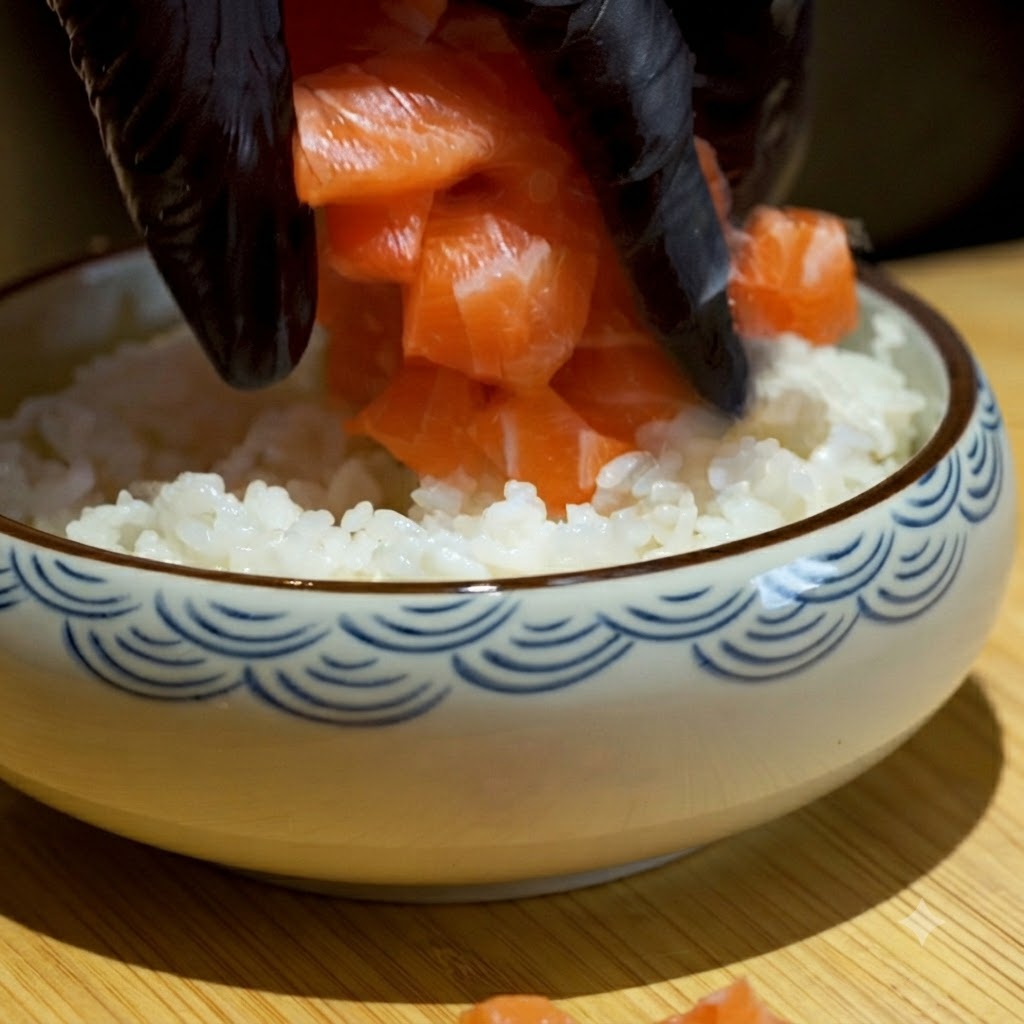 Dados de salmón colocados sobre una cama de arroz para sushi en un bol de cerámica.