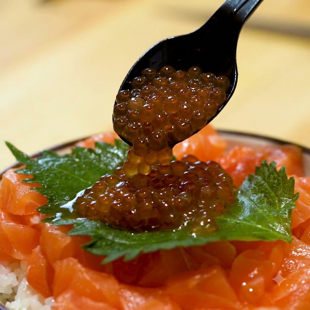 Huevas de salmón vertidas con una cuchara negra sobre una hoja de shiso y dados de salmón.