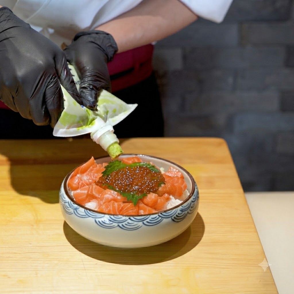 Wasabi exprimido desde una manga pastelera sobre el bol de arroz con salmón ya preparado.