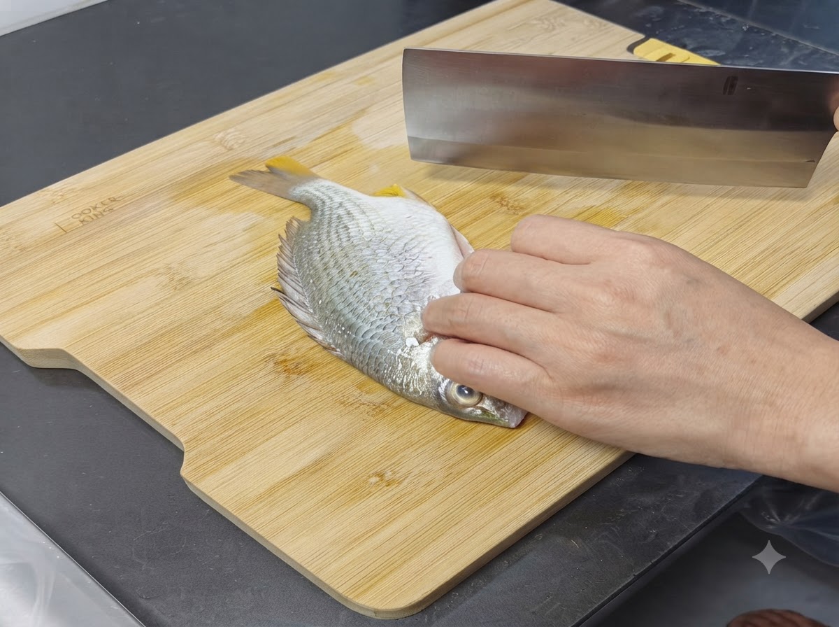 Un besugo crudo en una tabla de cortar al que se le hace un corte en el medio con un cuchillo grande.
