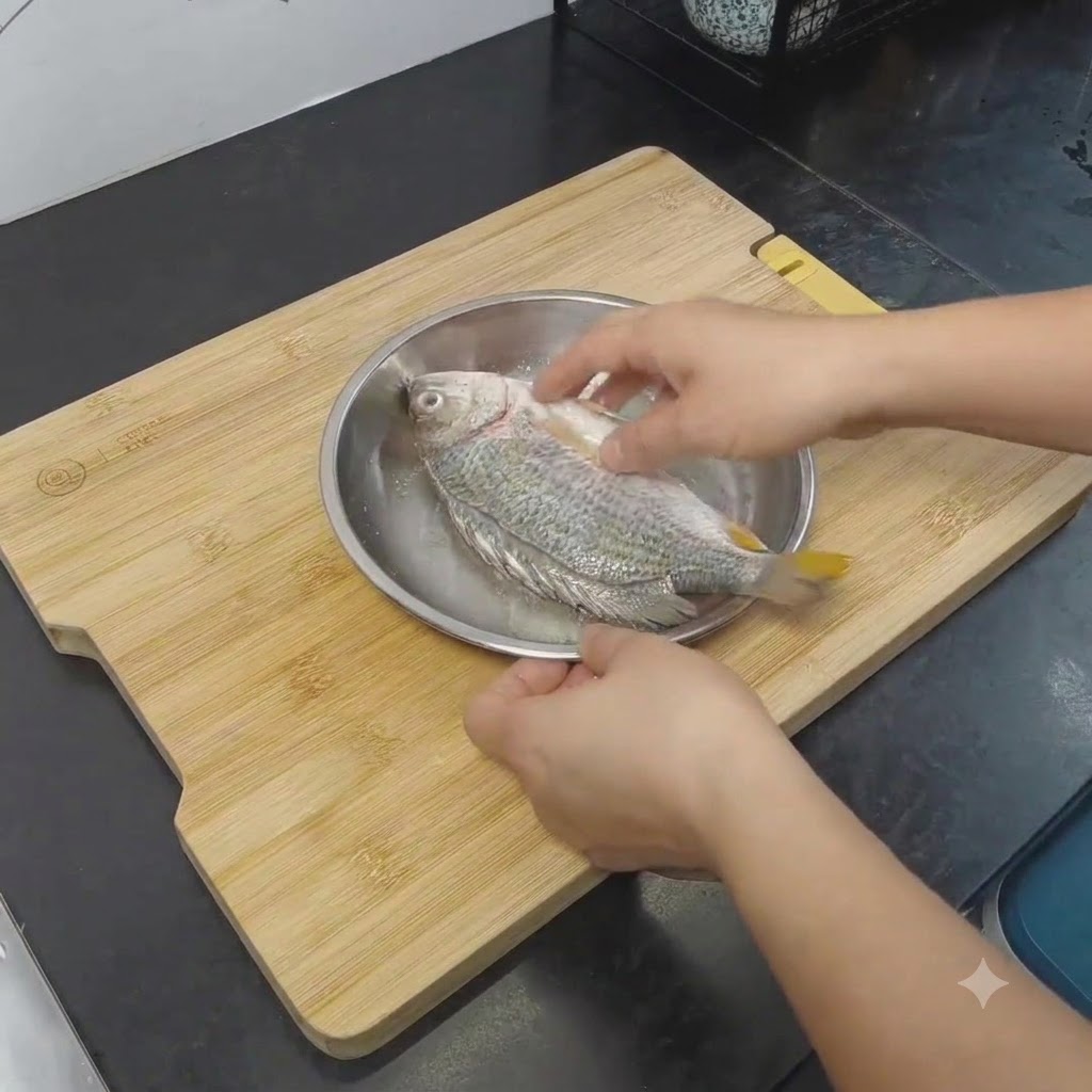 Manos esparciendo aceite y sal sobre un pescado crudo en un plato.