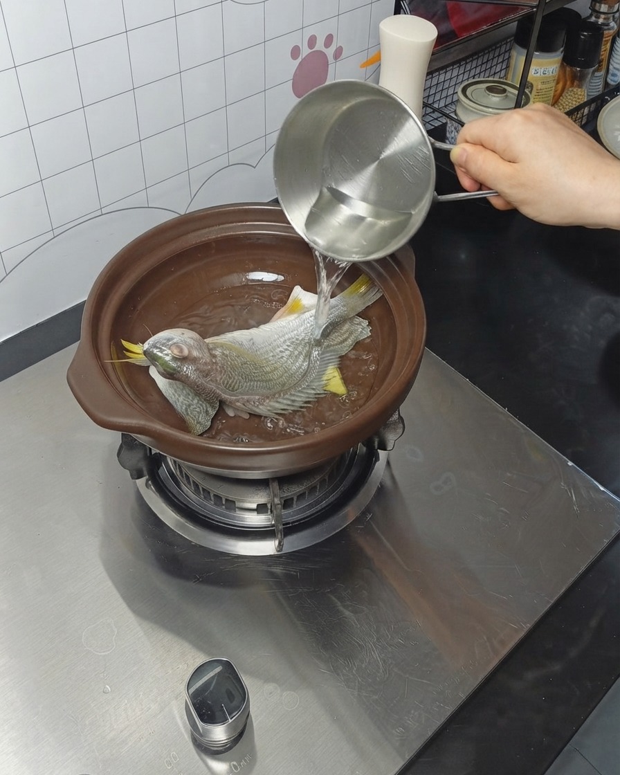 Agua siendo vertida desde un recipiente metálico en una cazuela de barro con pescado.