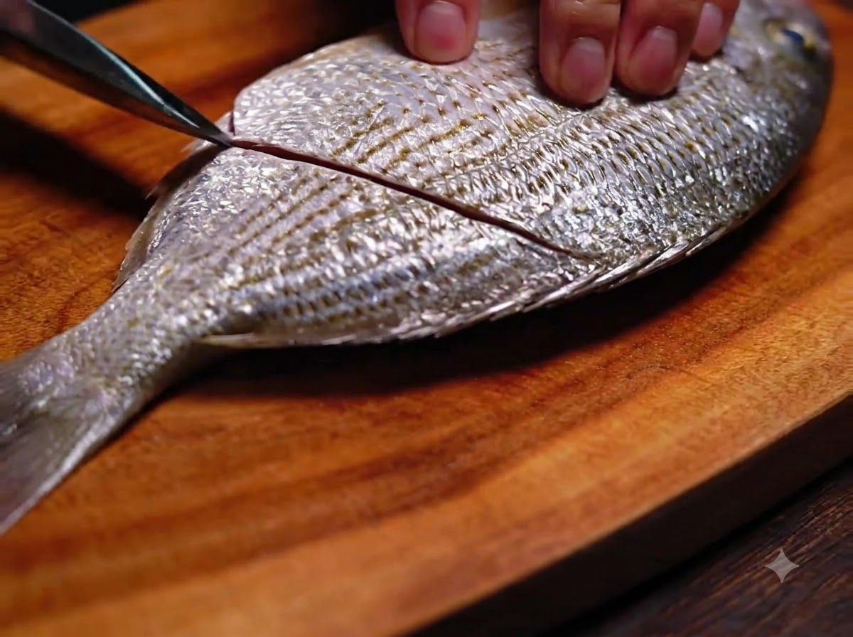 Una mano usando un cuchillo para cortar cuidadosamente una marca diagonal en el costado de un besugo crudo.