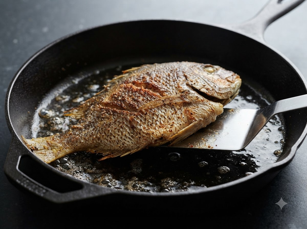 Un pescado siendo volteado con una espátula en una sartén de hierro fundido llena de aceite.