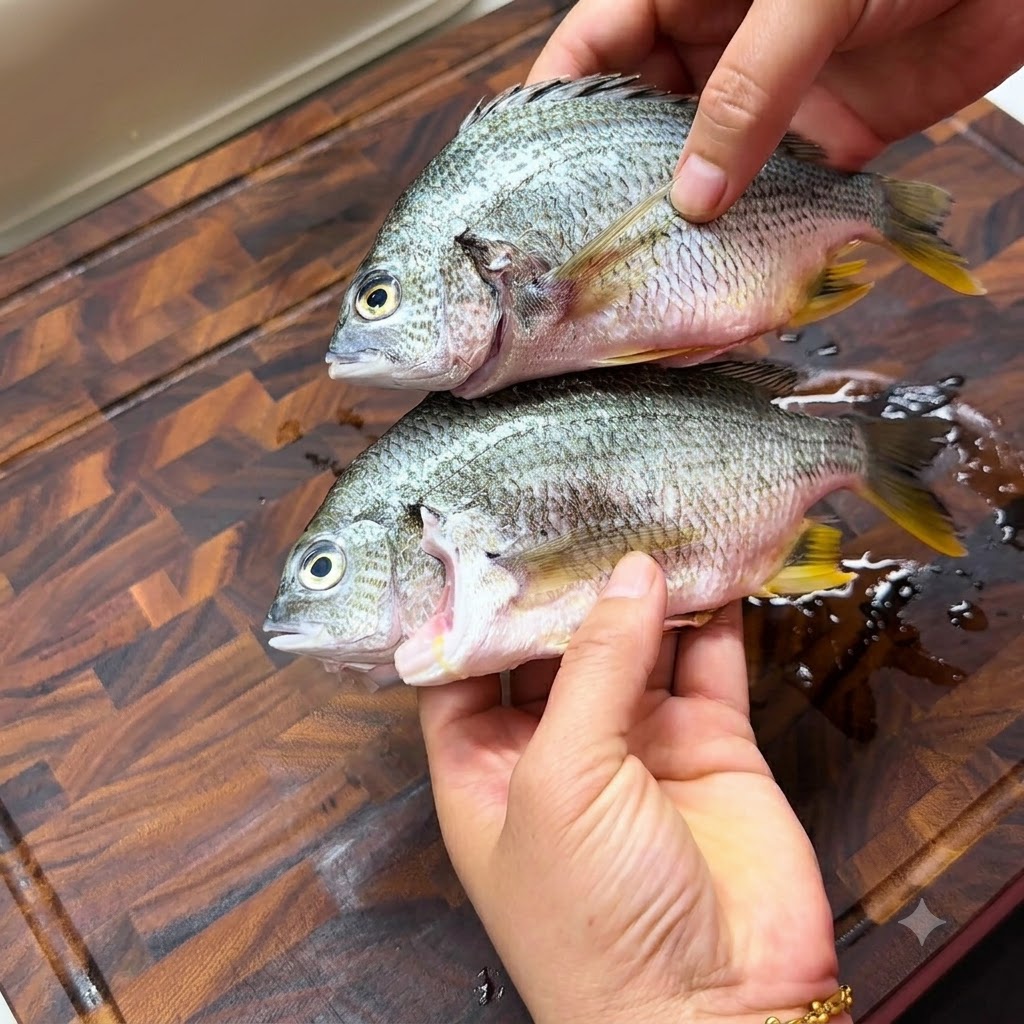 Manos sosteniendo dos lubinas amarillas frescas sobre una tabla de cortar de madera, preparándose para retirar sus pequeñas aletas.