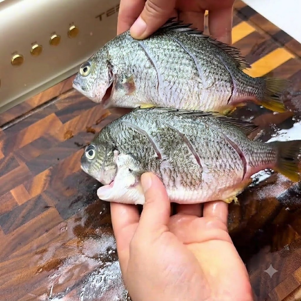 Manos sosteniendo dos pescados con cortes, mostrando sal frotada uniformemente por la piel y dentro de los cortes diagonales.
