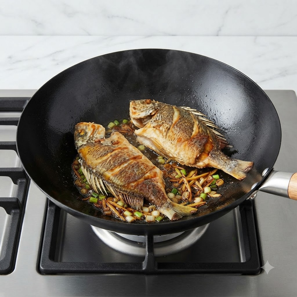 Dos pescados enteros friéndose en un wok, rodeados de cebollinos picados chisporroteantes y jengibre en rodajas en el aceite caliente.