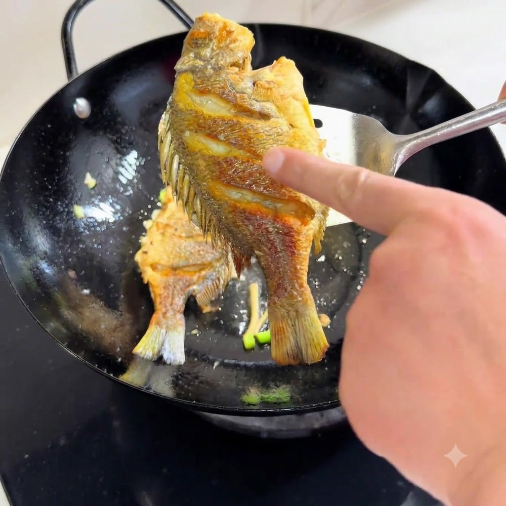 Una espátula de metal levantando un pescado frito de un wok para revelar una piel dorada y crujiente en su parte inferior.