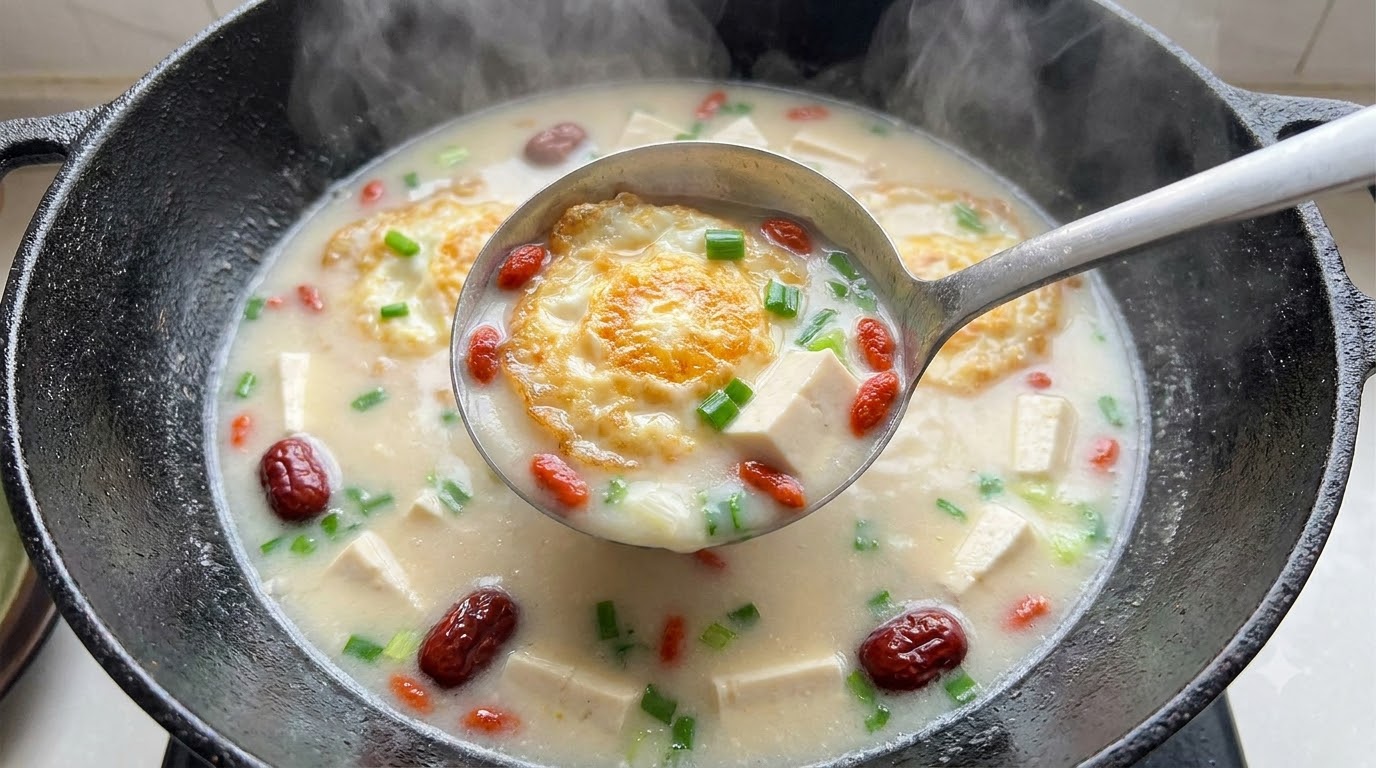 Sopa de Pescado de Cola Amarilla con Tofu y Huevos Fritos en Caldo Blanco Lechoso