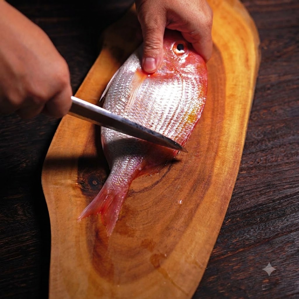 Un pargo rojo siendo descamado y limpiado con un cuchillo sobre una tabla de madera.