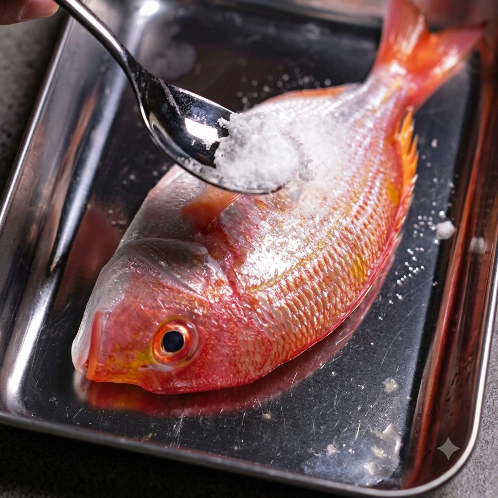 Sal y almidón de maíz siendo aplicados a un pargo rojo fresco sobre una bandeja de metal.