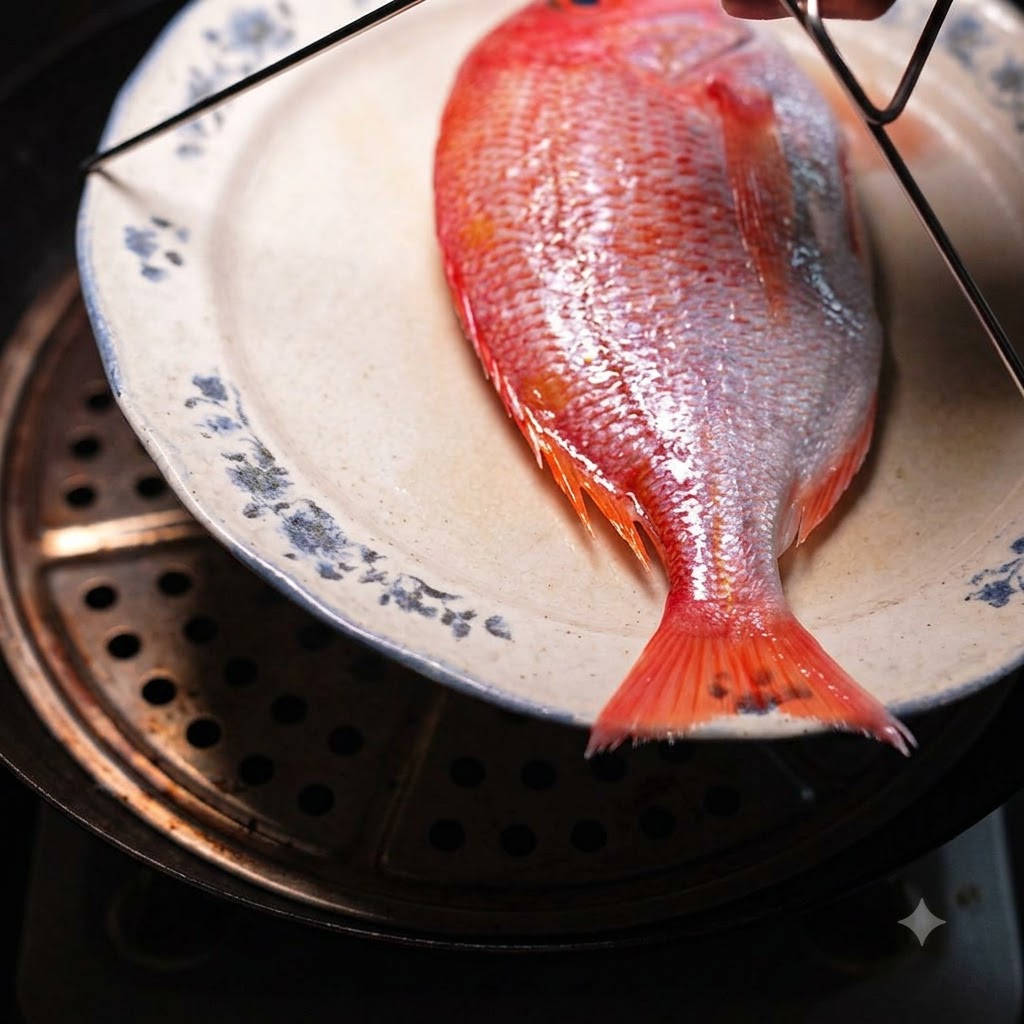 Un pargo rojo en un plato decorativo siendo colocado en una rejilla de vapor sobre agua hirviendo.