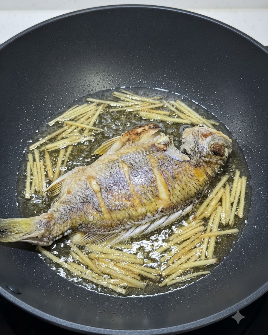 Salsa de soja vertiéndose sobre el pescado y el jengibre en un wok.